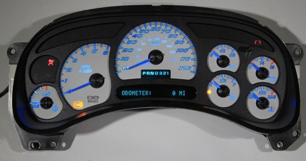 This customer wanted a trans temp gauge installed as well as a white face overlay.  Blue needles and blue LEDS were installed along with a full rebuild.