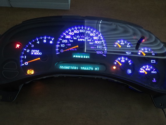 This customers gauge needles were no longer working, backlighting was dim and the digital readouts were not working properly.  We did a rebuild and installed blue LEDS.