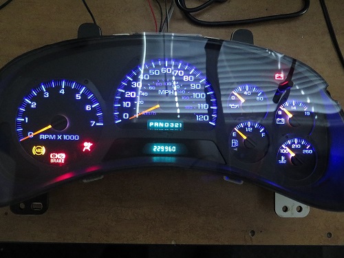 Trailblazer cluster with LED's installed and gauges calibrated.